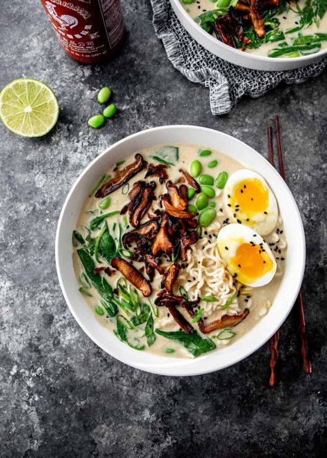 You’ll fall for these flavorful Vegetarian Green Curry Ramen noodle bowls, complete with rich coconut broth, green vegetables, tender noodles, and jammy eggs on top. It’s a vegetable-forward meal that’s quick enough to pull off on a weeknight. #curry #vegetarian #ramen #noodlebowl Green Curry Ramen, Ramen Noodle Bowls, Jammy Eggs, Coconut Broth, Curry Vegetarian, Vegetable Ramen, Coconut Milk Uses, Vegetarian Ramen, Thai Green Curry Paste