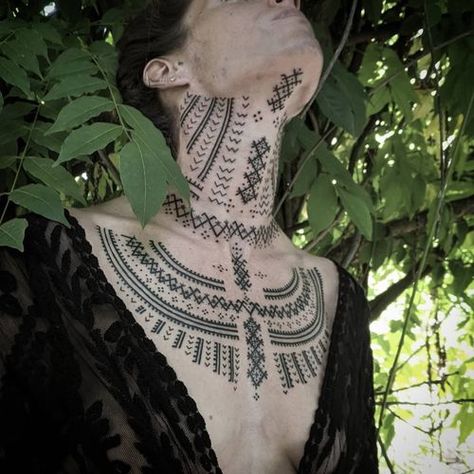 Traditional Polish Tattoo, Norwegian Tattoo Women, Women Chest Tattoo Classy, Crone Tattoo, Ornamental Chest Tattoo, Indigenous Tattoos, Cultural Tattoos, Croatian Tattoo, Historical Tattoos