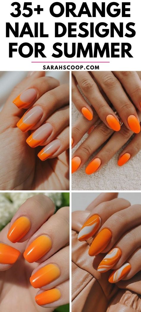 Orange Summer Nails 2024, Bright Orange Nail Designs, Bright Orange Summer Nails, Orange Sunset Nails, Bright Orange Nails With Design, Nails Orange Design, Orange And White Nail Designs, Orange And Yellow Nail Designs, Orange Nails With Design