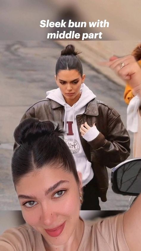 Easy sleek bun with middle part Kendall Jenner inspired in 2022 | Sleek bun, Bun hairstyles for long hair, Bun hairstyles Bun With Middle Part, Hairstyles Kendall Jenner, Sleek Back Hair, Sleek Bun Hairstyles, Kendall Jenner Hair, Jenner Hair, Middle Hair, Classy Hairstyles, Sleek Bun