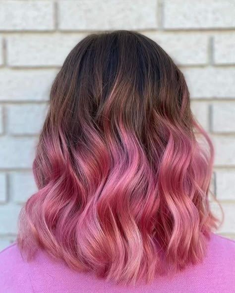 30 Hottest Pink Ombre Hair Color Ideas Brunette To Blonde Balayage, Brown To Pink Balayage, Blonde To Pink Ombre, Brown And Pink Hair, Cotton Candy Pink Hair, Long Hairstyle Ideas, Wow Hair, Pink Balayage, Brunette Roots