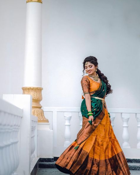 Half Saree Function Poses Photoshoot Ideas, Stills In Half Saree, Photography Poses In Half Saree, Traditional Half Saree Photoshoot Poses, Saree Ceremony Poses, Stills For Girls Traditional, Half Saree Pics Poses, Blouse Models For Half Saree, Half Saree Function Photoshoot Poses