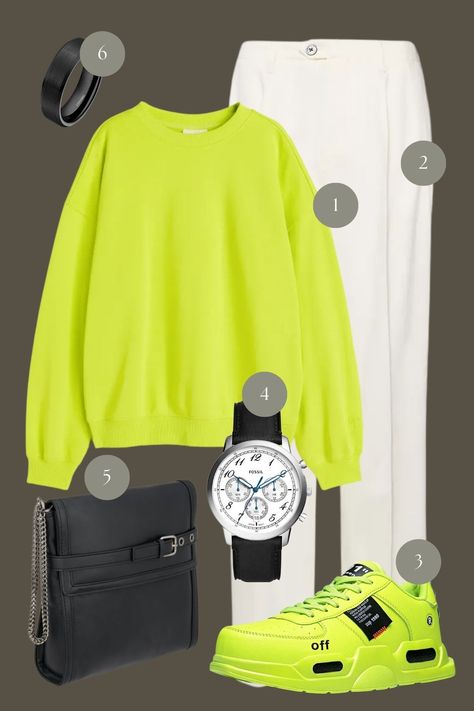 Step into the spotlight with this vibrant streetwear ensemble that dares to make a statement. The eye-catching neon green sweatshirt radiates energy and exuberance, setting a lively tone that’s impossible to ignore. Paired with crisp white trousers, the outfit balances audacity with a clean, minimalist base, allowing the bold hues to take center stage. Footwear follows suit, with sneakers that match the sweatshirt’s electric vibe, flaunting a design that’s both playful and on-trend. Neon Sweatshirt Outfit, Neon Green Sweater, Vibrant Streetwear, Fashion Moodboard, Italian Luxury Brands, Neon Fashion, White Trousers, Green Sweatshirt, Sweatshirt Outfit