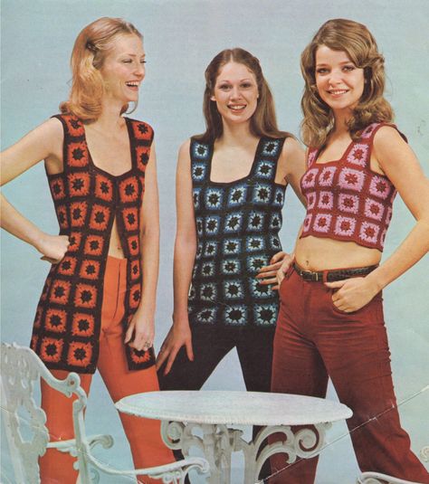 Waistcoat Pattern, Bohemian Crochet, 60s 70s Fashion, Vintage Crochet Patterns, 60s And 70s Fashion, 70s Inspired Fashion, Oufits Casual, Vintage Crochet Pattern, Vogue Knitting