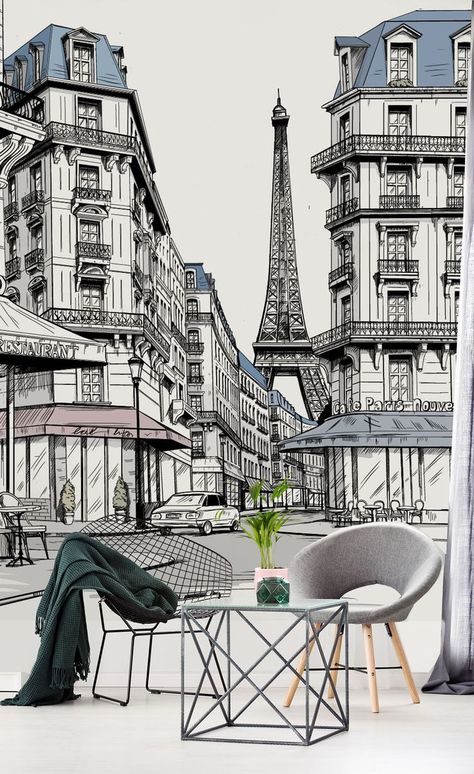 Drawing Paris, Mural Drawing, Paris Drawing, Torre Eiffel Paris, Cityscape Drawing, Paris View, Paris Illustration, Wallpaper Illustration, Paris Wallpaper