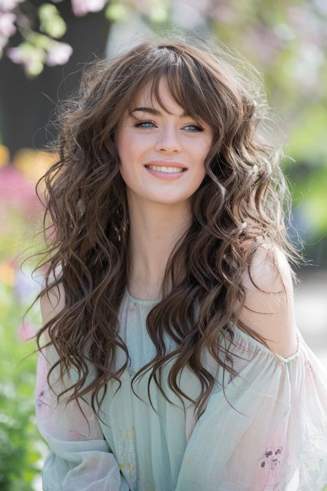 Embrace your natural texture with this stunning hairstyle featuring curly hairstyles paired with curtain bangs. The medium-length curls frame the face beautifully, enhancing your features while adding a touch of playful charm. Perfect for any occasion, this easy-to-style look is ideal for summer days or a cute night out! #curlyhairstyles #CurtainBangs Wedding Beach Waves, Beach Waves With Bangs, Curly Hairstyles With Curtain Bangs, Loose Curls Medium Length Hair, Waves With Bangs, Curtain Bangs Curly Hair, Hairstyles With Curtain Bangs, Medium Length Curls, Layered Curly Hair