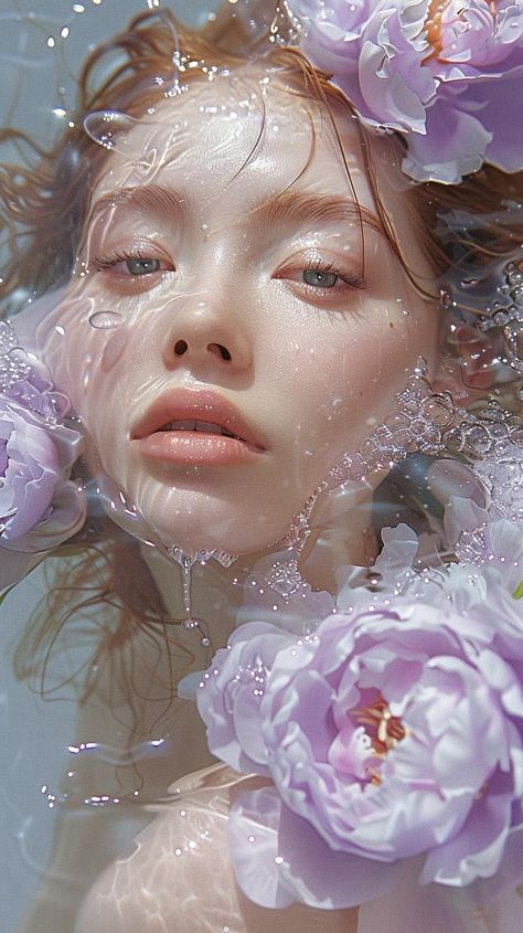 Wet Skin Reference, How To Draw Wet Skin, Portrait Anatomy, Skincare Photoshoot, Realistic Photography, Underwater Flowers, Wet Flowers, Close Up Face, Pool Photoshoot