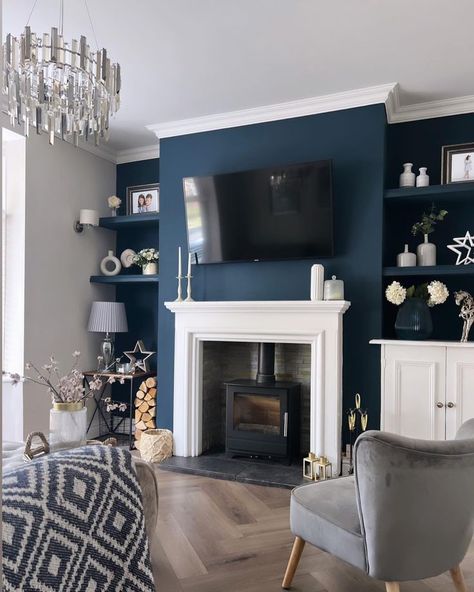 Navy Grey And Cream Living Room, Blue Front Room Ideas, Navy Alcove Living Rooms, Blue Wall White Fireplace, Blue And White Den, Navy Chimney Wall, Small Blue Living Room Ideas, Mink Living Room, Living Room Decor Dark Blue