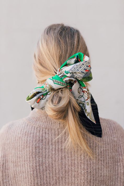 How to tie a chic Hermes scarf bow in your hair // silk scarf hair inspiration // The Girl Guide // Stephanie Trotta Hermes Hair Scarf, Twilly In Hair, Hermes Scarf Hair, Hermes Scarf In Hair, Silk Scarf Handbag, Silk Scarf Accessory, Stephanie Trotta Style, French Scarf Style Summer, Twilly Hermes Scarf