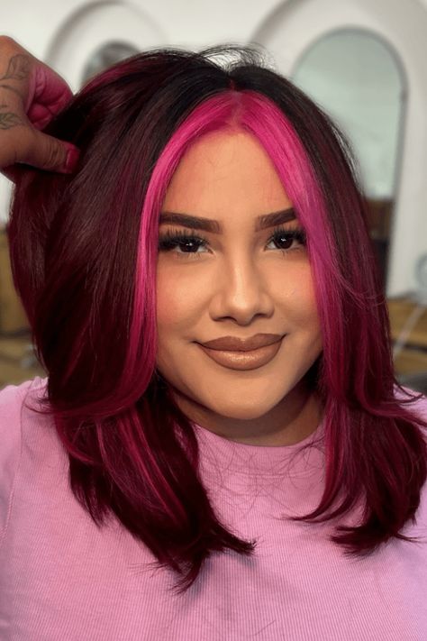 hairstyles, hair trends, hair styling Fuschia Pink Hair, Red Hair Pink Outfit, Burgundy Pink Hair, Maroon And Pink Hair, Neon Pink Highlights, Dark Magenta Hair, Pink Money Piece Hair, Fuschia Hair, Magenta Hair Colors