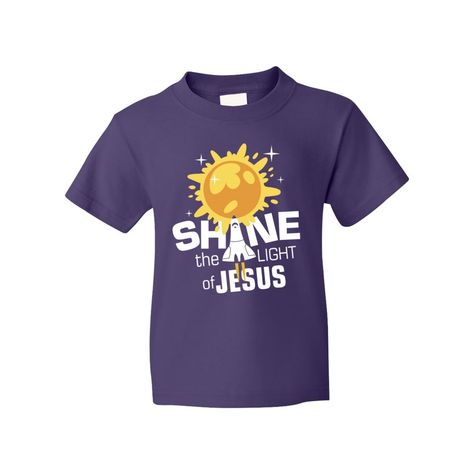 Get ready to blast into orbit with this fun graphic tee! Featuring a cool space shuttle orbiting the sun and "Shine the Light of Jesus" messaging, this awesome t-shirt is a great way to get kids excited about a fun week of faith and learning at Outer Space VBS. Hand this shirt out as a student checks in or award it as a prize for winning games. © OTCo Fits sizes 6-8.o Brand: Fruit of the Loomo Short sleeveo High-density fabrico 100% pre-shrunk cotton, 5.0 oz.o Tearaway labelo Double needle hemmed sleeves and bottomo Seamless 1x1 rib collaro Shoulder-to-shoulder tapingo CPSIA compliant - all Fruit of the Loom® youth products and packaging comply with the tracking label requirements of the Consumer Product Safety Improvement Acto Need more? With our tees, we've got your back (and front)! To Outer Space Vbs Decorations, Outer Space Vbs, Vbs Space, Space Vbs, Vbs Shirt, Stellar Vbs, Vbs 2023, Space Camp, Shine The Light