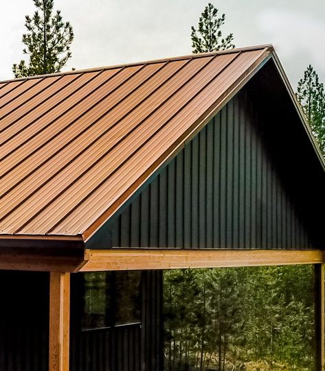 Copper Metal Roof, Black Siding, Black Shed, Small House Exteriors, Steel Siding, Copper Roof, Steel Roofing, Shou Sugi Ban, Modular Homes