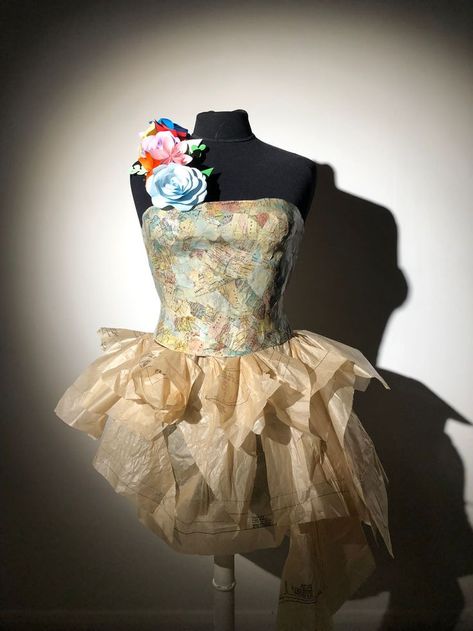 Paper Mache Clothes, Recyclable Dress, Demeter Costume, Corset Made From Recycled Materials, Paper Mache Corset, Paper Corset, Gcse Textiles Final Piece Corset, Tissue Paper Dress, Paper Mache Dress