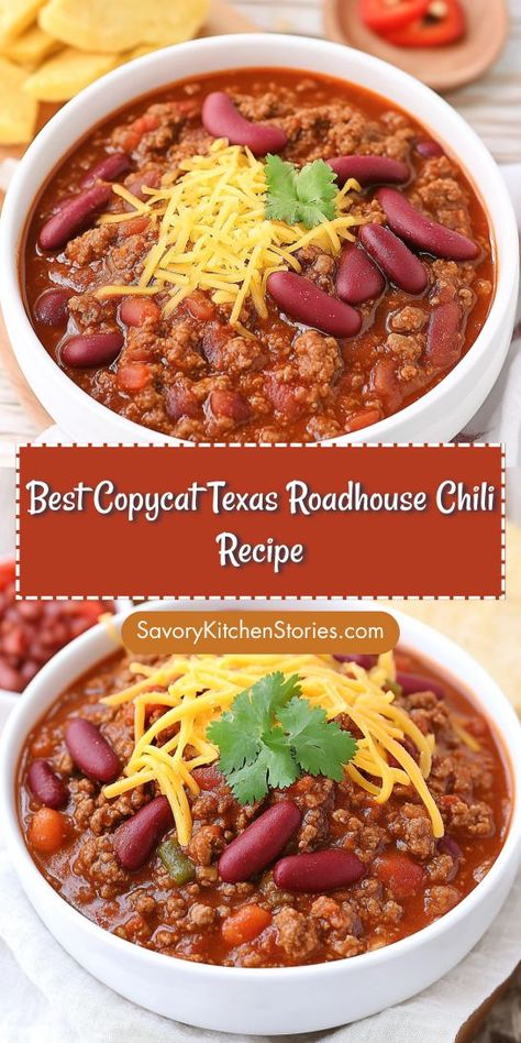 Savor the Flavors! Dive into the rich, smoky goodness of our Best Copycat Texas Roadhouse Chili Recipe. Perfectly seasoned with spices and hearty ingredients, this dish brings the restaurant experience right to your kitchen. Ideal for game day or cozy nights in, it’s sure to be a crowd-pleaser! Roadhouse Chili Recipe, Texas Roadhouse Chili Recipe, Texas Roadhouse Recipes, Beef And Beans, Texas Chili Recipe, Copycat Texas Roadhouse, Restaurant Experience, Texas Chili, Texas Roadhouse