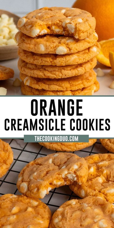 Orange creamsicle cookies stacked on top of each other. Creamsicle Orange Cookies, Orange Flavored Cookies, Orange Creamsicle Cookies, Creamsicle Cookies, Dessert Cravings, Simple Baking, Orange Cookies, Sweet Treats Recipes, Orange Creamsicle