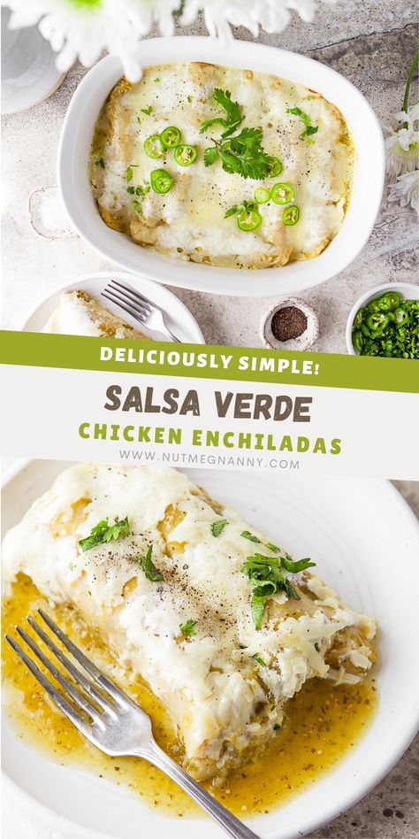 Seasoned Shredded Chicken, Verde Chicken Enchiladas, Salsa Verde Enchiladas, Verde Enchiladas, Enchiladas Verdes Recipe, Salsa Verde Chicken Enchiladas, Chicken Enchiladas Verde, New Chicken Recipes, Verde Chicken