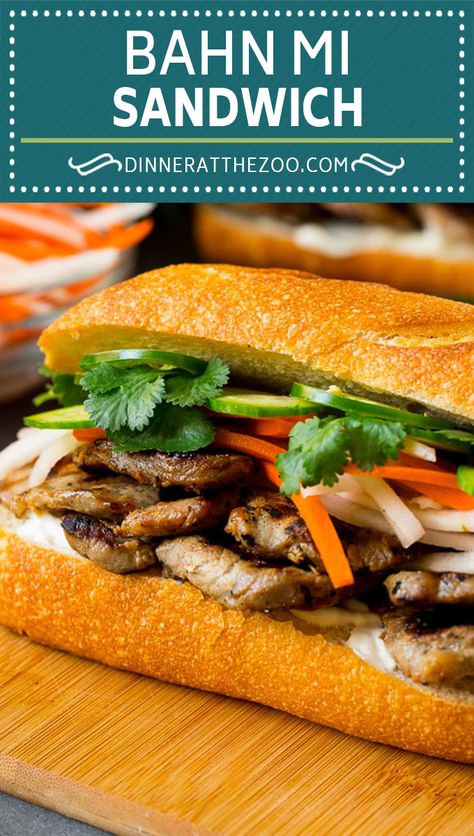 A Vietnamese bahn mi sandwich with layers of grilled pork, pickled vegetables and fresh herbs. #sandwich #pork #dinneratthezoo Vietnamese Pork Roll, Bahn Mi Sandwich, Leftover Pork Chops, Vietnamese Sandwich, Vietnamese Pork, Bahn Mi, Banh Mi Sandwich, Pork Roll, Leftover Pork