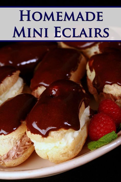 A plate of mini chocolate eclairs, some with chocolate filling, some with vanilla filling. Mini Eclairs, Eclairs Recipe, Chocolate Eclair Dessert, Chocolate Eclairs, Eclair Recipe, Chocolate Eclair, Tea Party Food, Kinds Of Desserts, Dessert Cake Recipes