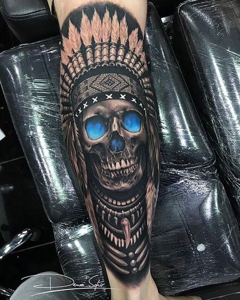 Red Indian Tattoo, Indian Skull Tattoos, Indian Tattoo Design, Headdress Tattoo, Full Leg Tattoos, Native Tattoos, Skull Sleeve Tattoos, Indian Skull, Circle Tattoos