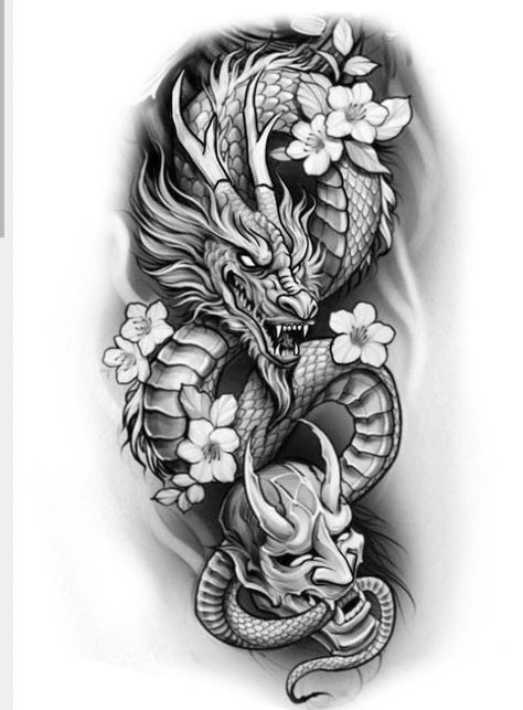 Dragon With Flowers, Dragon Tattoo Stencil, Tato 3d, Japanese Hand Tattoos, Dragon Tattoo Arm, Japanese Tattoos For Men, Dragon Tattoos For Men, Dragon Tattoo Art, Half Sleeve Tattoos Drawings