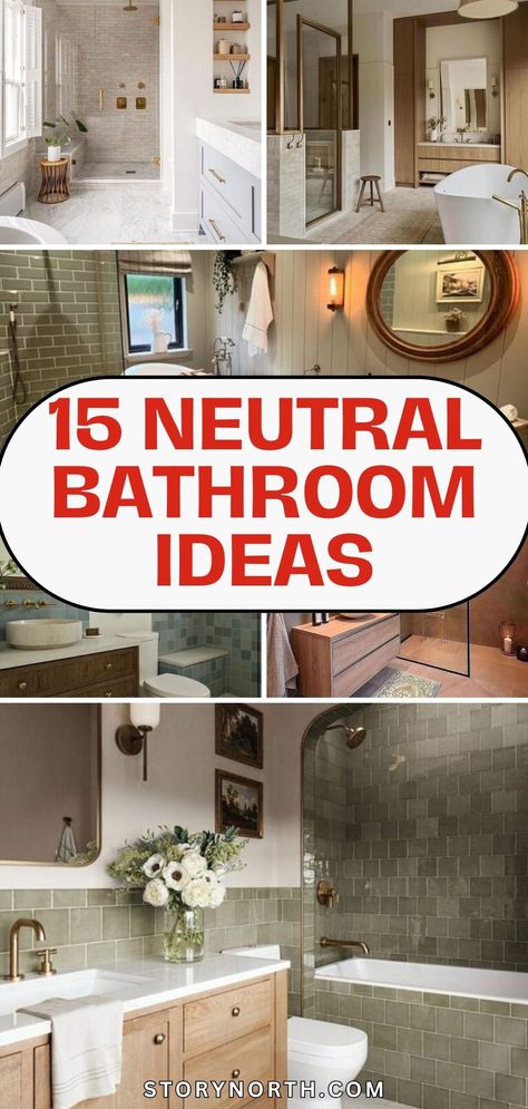 Save this pin for a curated collection of neutral bathroom designs that exude elegance and timelessness. Discover how these classic yet modern ideas can transform your home with a touch of serenity. #NeutralBathroom #TimelessDesign #HomeDecorInspo Bathrooms With Brown Floors, Bathroom Modern Traditional, Beige Bathtub Bathroom, Behind Vanity Wall Ideas, Bathroom Tile Ideas Beige, Bathroom With Dark Wood Cabinets, Neutral Color Palette For Bathroom, Bathroom Remodel Neutral Color Schemes, Bathrooms With Dark Countertops