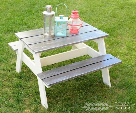 DIY Children's Picnic Table: Hey guys! I am beyond excited to share this project with you today! This little picnic table is my first truly functional piece and I just love how it turned out.. so much so – I can’t. stop. making. them. Ha! I have taken pictures of every step of… Kids Picnic Table Plans, Octagon Picnic Table, Farmhouse Bench Diy, Diy Picnic Table, Picnic Table Plans, Kids Picnic Table, Kids Picnic, Diy Projektit, Woodworking For Kids