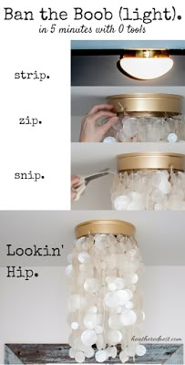 Inexpensive tips and tricks for updating a basic builder grade home. Luminaria Diy, Diy Luminaire, Diy Light Fixtures, Diy Lampe, Diy Chandelier, Capiz Shell, Bright Ideas, Overhead Lighting, Diy Tutorials