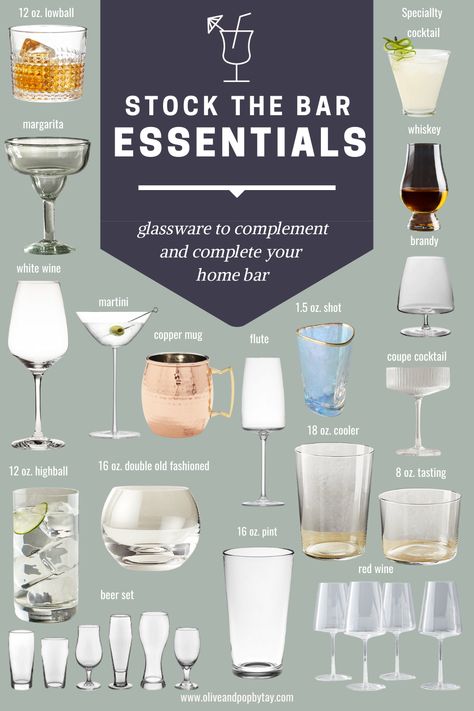 Bar Cart Essentials Drinks, Liquor Cabinet Glassware, Wet Bar Necessities, Home Bar Glasses, Bar Glasses Guide, Glassware For Cocktails, Stocking A Home Bar, Bar Cart Glassware, Classy Drinks To Order At Bar