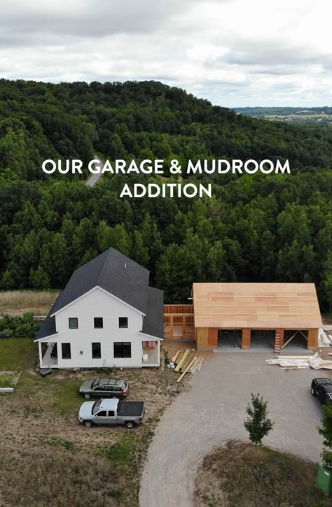 Building Home: Our Garage and Mudroom Addition - Fresh Exchange Add On Garage To House, Add On Garage, Garage Addition Ideas, Mudroom Addition, Garage Extension, Farmhouse Addition, Garage Mudroom, Farmhouse Garage, Garage Addition