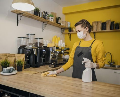 Female barista cleaning surface | Free Photo #Freepik #freephoto #business Female Barista, Kitchen Surface, Domestic Cleaning, Move Out Cleaning, Move In Cleaning, Cleaning Surface, Oven Cleaning, Commercial Cleaning, Hard Floor