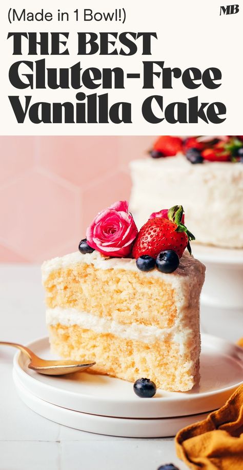 Fluffy, perfectly moist, undetectably gluten-free vanilla cake! SO easy to make with just 1 bowl and 9 ingredients required! Gluten Free Vanilla Cake Recipe, Dairy Free Vanilla Cake, Dairy Free Buttercream, Gluten Free Vanilla Cake, Gluten Free Cake Recipe, Dessert Board, Minimalist Baker, Dessert Bites, Macaroon Recipes