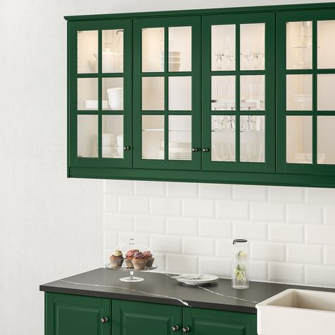 Green Ikea Kitchen, Green Black Kitchen, Green Paint Ideas, Ikea Bodbyn Kitchen, Funky Kitchens, Lake House Family Room, Bodbyn Kitchen, Green Glass Door, Island With Cooktop