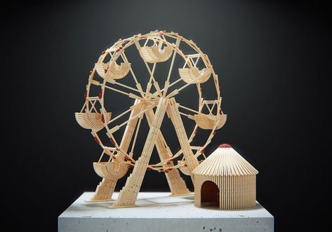 ferris wheel made out of matchsticks Matchstick Art, Toothpick Sculpture, Toothpick Crafts, Match Stick Art, Matchstick Craft, Cardboard Car, Arte Nerd, Stick Art, Match Stick