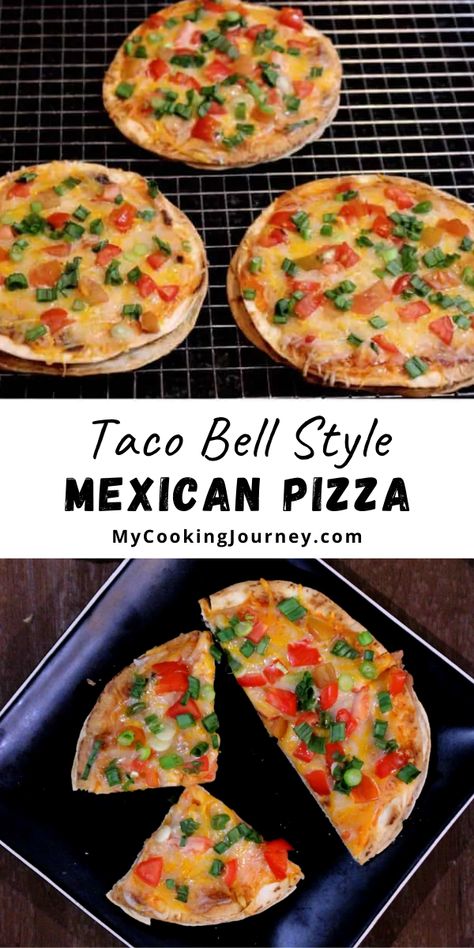 Taco Bell style Mexican Pizza is so quick to make and can be enjoyed anytime at home without having to drive over to Taco Bell. #mexicanpizza #vegetarian #tacobellpizza #vegetarianpizza @mycookinjourney | mycookingjourney.com Vegetarian Mexican Pizza, Mexican Pizza Taco Bell, Taco Bell Pizza, Pizza Vegetarian, Pizza Taco, Mexican Pizza Recipe, Taco Bell Mexican Pizza, Vegetarian Mexican, Mexican Pizza