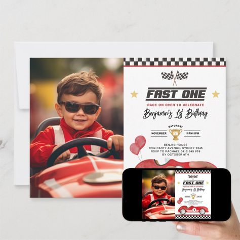 Car 1st Birthday, 2nd Birthday Photos, Racing Party, 1st Birthday Photo, Cars Birthday Invitations, Car Themed Parties, Race Party, Course Automobile, Photo Birthday Invitations