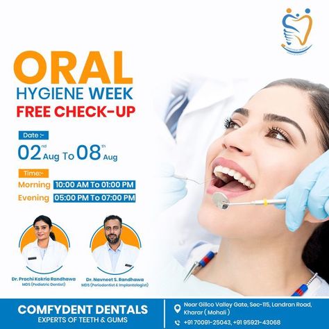 oral care in hospital Free Dental Checkup Poster, Dental Treats For Dogs, Body Logo Design, Dentist Ideas, Dental Health Week, Dental Post, Dentist Social Media, Dental Ads, Oral Hygiene Routine