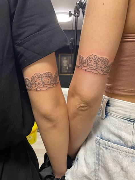 2 Cherub Angel Tattoo, 3 Angles Tattoo, Twin Angels Tattoo, Angel On Arm Tattoo, Angel Twins Tattoo, Angel Above Knee Tattoo, 2 Angles Tattoo, Angel Sibling Tattoo, Twin Cherub Tattoo