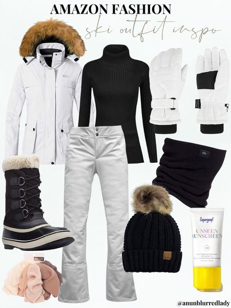 Black & White Amazon Ski Outfit Black And White Ski Outfit, Ski Women Outfits, All Black Ski Outfit, Ski Style Women, Snowboard Outfits For Women, White Ski Outfit, Black Ski Outfit, Women Ski Outfit, Ski Vacation Outfits