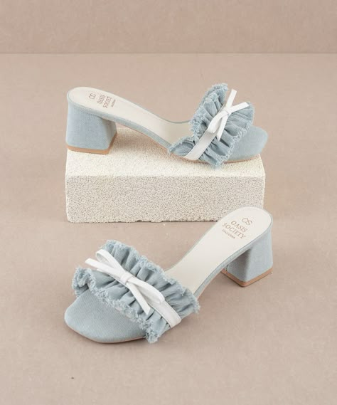 The Julissa | Denim Romantic Low Heel Sandal Garden Party Shoes, Colored Wedding Shoes, Cute Sandals For Summer, Rush Shoes, Navy Kitten Heels, Rush Outfits, Denim Heels, Emerald Blue, Summer Heels