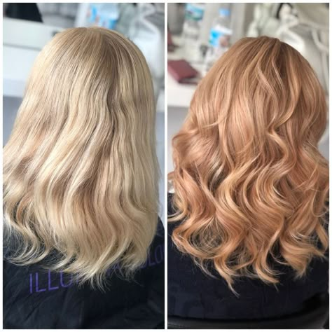 Platinum Copper Hair, Blond To Strawberry Blond, Copper Hair For Blondes, Light Blonde Copper Hair, From Blonde To Copper Hair, Red Hair For Blondes, Hair Color Ideas For Strawberry Blondes, Copper Peach Blonde Hair, Blonde To Ginger Before And After