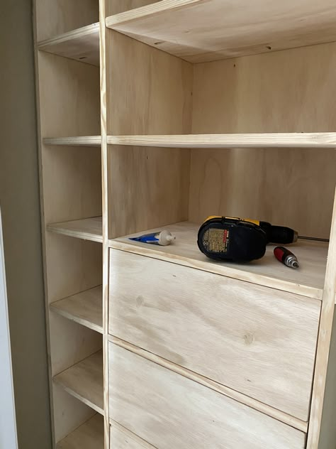 How To Build A Built In Dresser, Build Dresser Into Closet, Walk In Closet System Diy, Diy Closet Built Ins How To Build, Diy Closet Dresser, Small Closet Built Ins Diy, How To Build Drawers, Small Walkin Closet Ideas Diy, Diy Bedroom Closet Shelves