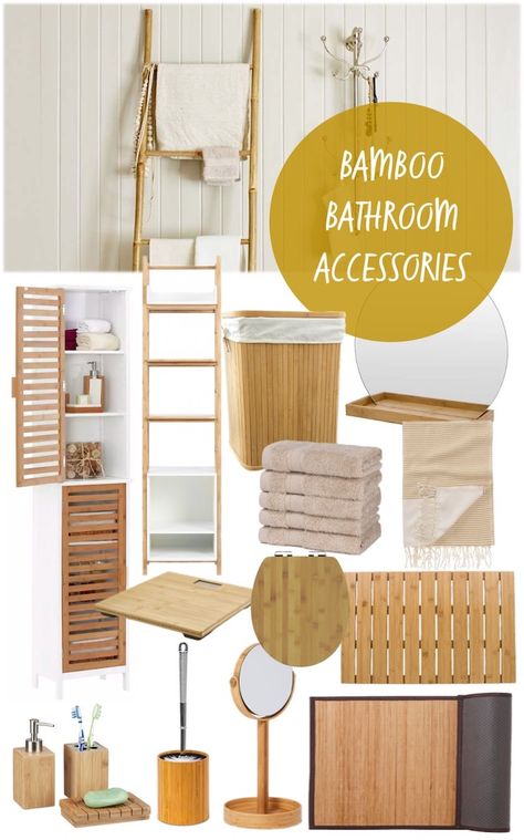 natural looking bamboo bathroom accessories mood board, products from affiliate partners Bamboo Accessories Bathroom, Bamboo Bathroom Storage, Bamboo Decor Bathroom, Bathroom Ideas Bamboo, Bamboo Bathroom Vanity, Bathroom Decor Bamboo, Bathroom Bamboo Decor, Bamboo Bathroom Ideas, Buddha Bathroom