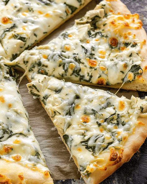 Spinach and Artichoke Dip Pizza - Recipes, Tasks & Tools Spinach Dip Pizza, Artichoke Dip Pizza, Spinach Artichoke Pizza, Artichoke Pizza, Crispy Pizza Crust, Alfredo Pizza, Spinach Pizza, Spinach And Artichoke Dip, Unique Pizza