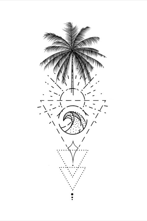 Geometric Beach Tattoo Design, Unique Palm Tree Tattoo, Wave And Palm Tree Tattoo, Palm Tattoo Design, Geometric Sun Tattoo, Vacation Tattoo Ideas, Wave Sun Tattoo, Palm Tree Tattoo Men, Sun Tattoo Men