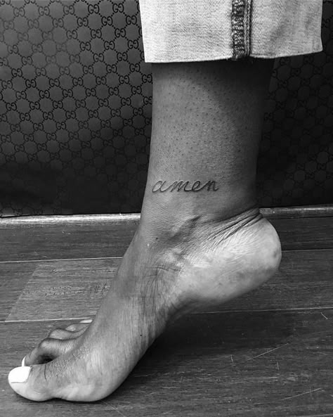 “Amen” tattoo on the right inner ankle bone. Amen Tattoo Words, Tattoo On Inner Ankle, Amen Tattoo, Inner Ankle Tattoo, Inner Ankle Tattoos, Tattoos Ankle, Wörter Tattoos, Tiny Finger Tattoos, One Word Tattoos