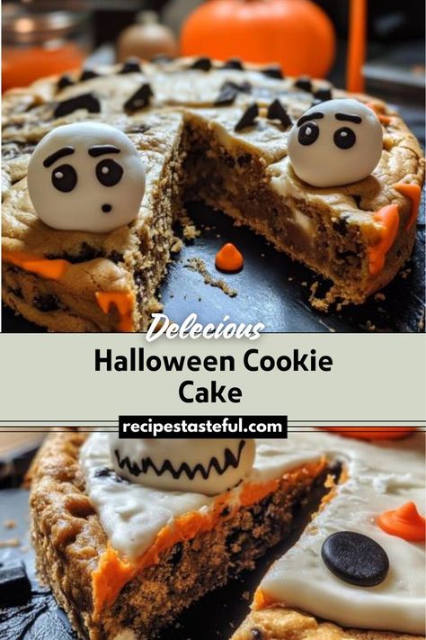 This Halloween Cookie Cake is a delightful dessert that combines a rich chocolate chip cookie base with whimsical buttercream ghosts and Halloween sprinkles. It’s an easy and festive treat perfect for Halloween parties or family gatherings. Halloween Cookie Cake, Cookie Base, Halloween Sprinkles, Chocolate Chip Cookie Cake, Buy Cookies, Cookie Cake Recipe, Festive Desserts, Halloween Cookie, Halloween Cookies