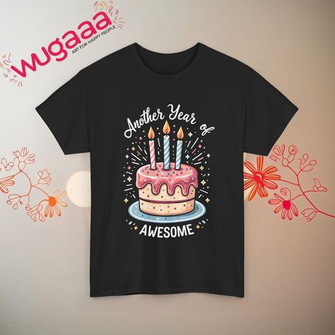 Celebrate in style with this funny birthday T-shirt featuring a cute birthday cake graphic and the phrase "Another Year of Awesome." Perfect for birthday celebrations and as a unique birthday gift idea. This comfy and stylish tee will make any birthday boy or girl stand out on their special day. Great for parties, casual wear, and fun photo shoots. Add a touch of humor and joy to your birthday festivities. Easy Ordering Select your size and color preference. Add to your cart and complete your purchase. Relax while we custom-make your shirt and ship it directly to you! Sizing and Fit Sizing Chart: Please refer to the sizing chart provided in the photos. Fit Type: These are unisex-sized shirts, not women's fitted styles. For a fitted look, consider sizing down. For an oversized look, conside