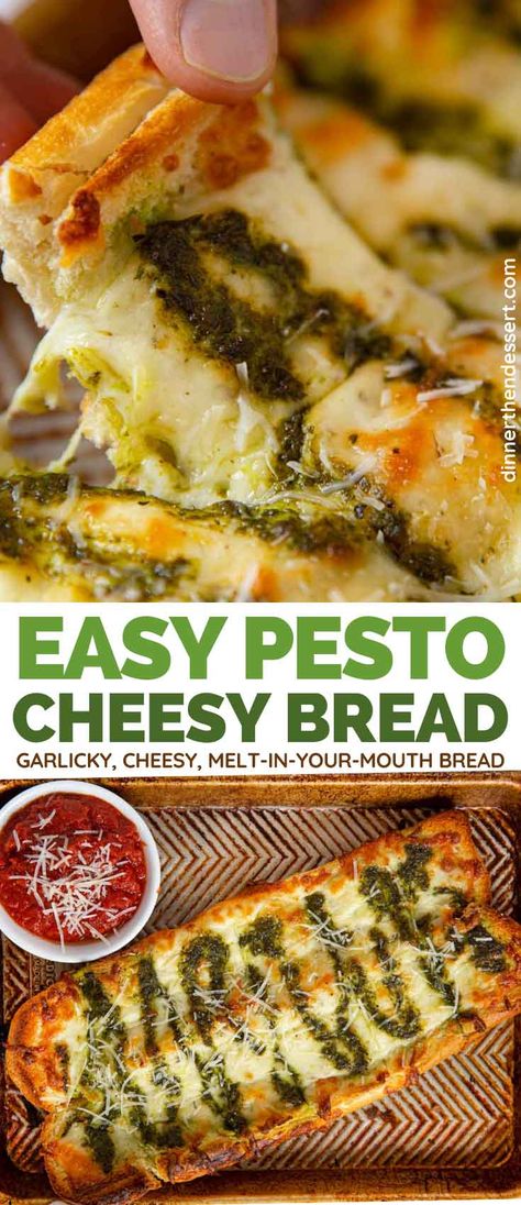 Pesto Cheesy Bread is a garlicky, cheesy melt-in-your-mouth bread with homemade Pesto, ready in just 30 minutes. #cheesybread #appetizer #sidedish #pesto #dinnerthendessert Cheesy Pesto Bread, Pesto Appetizers, Easy French Bread Recipe, Bread Dinner, Pesto Bread, Dinner Then Dessert, Pesto Cheese, French Bread Recipe, Breaking Bread