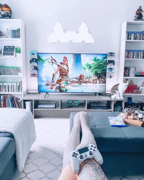 Minimalist Geek Decor, Living Room Designs Gamer, Weeb Living Room, Geeky House Decor, Living Room Video Game Setup, Geek Living Room Ideas, Tasteful Nerd Decor, Modern Nerd Decor, Living Room For Gamers