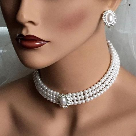 Bridal Choker Necklace, Unique Bridal Jewelry, Pearl Jewelry Set, White Victorian, Evening Jewelry, Bridal Choker, Detailed Necklace, Bridal Jewelry Set, Pearl Jewelry Sets